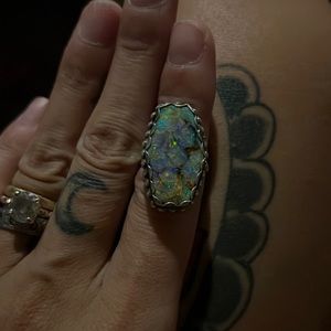 Cultured opal sterling silver ring